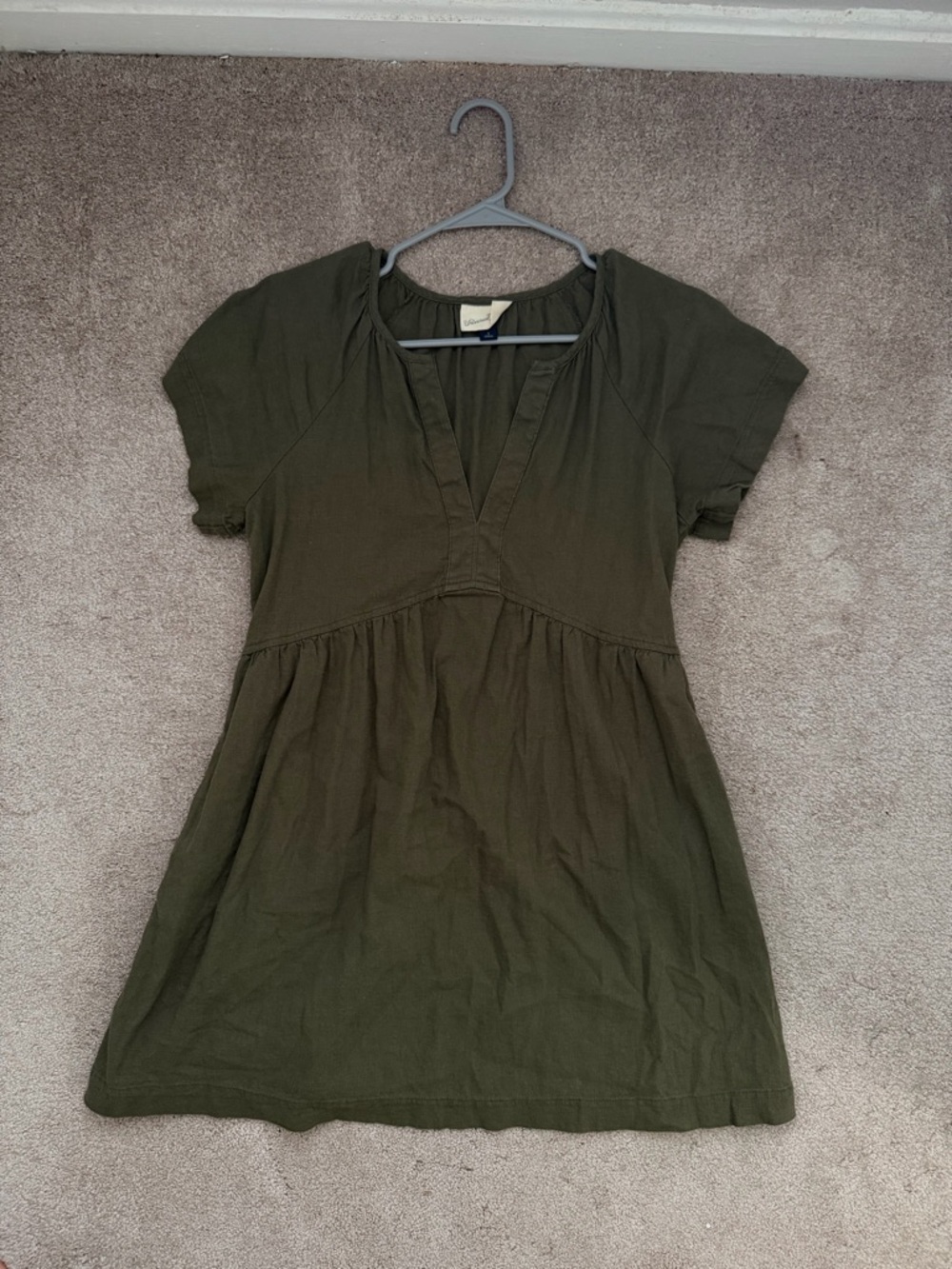 Women's Olive Green Short Sleeve Linen Dress